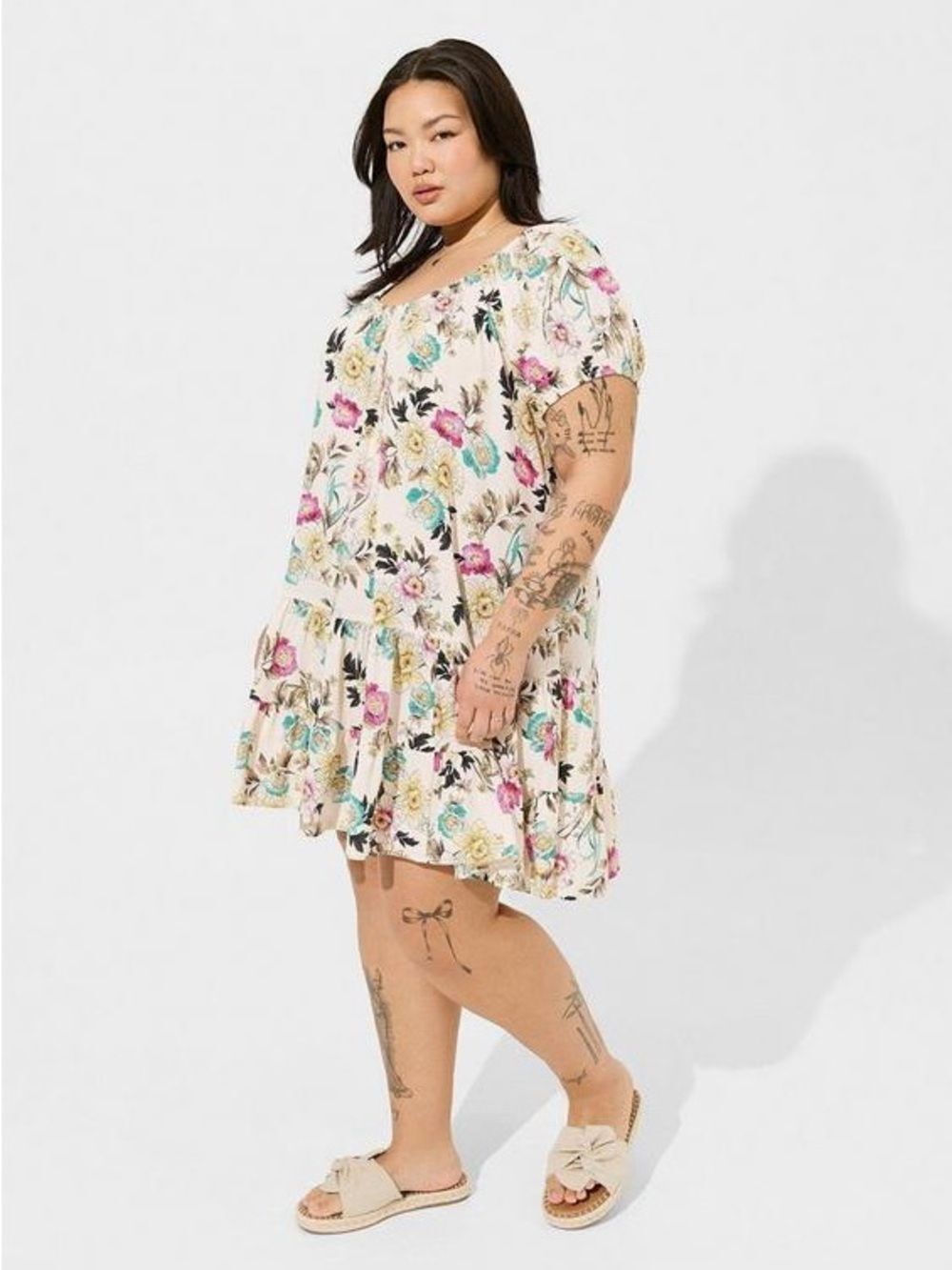 Torrid Cream Floral Gauze Puff Sleeve Tiered Trapeze Summer Dress Size 2